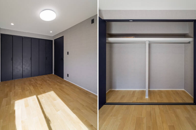 窓の反対側は壁一面がクローゼットになっています。おふたり分の衣類でもまとめて格納できそうな大きです。