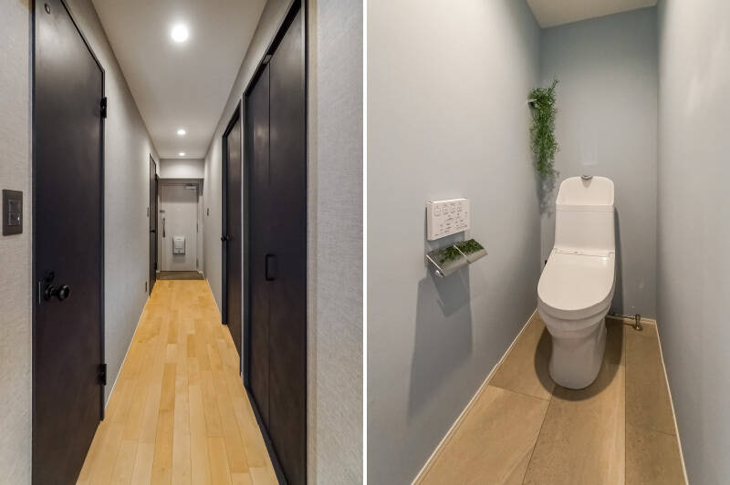 <b>左・</b>LDKを背にして玄関を見たカット。左側にトイレと水まわり、右側に収納と洋室Ｂがあります。／<b>右・</b>トイレは少し雰囲気を変えて、ペールブルーのクロスでさわやかな空間に。ここには収納は無いため、何らかの工夫が必要そうです。