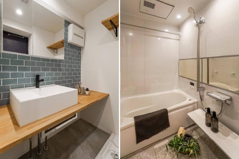 <b>左・</b>洗面化粧台は、ブルーのタイル×スクエア型の置きボウルと今っぽさ炸裂のデザイン♡ ゲストに自慢したくなるポイントですね。／<b>右・</b>バスルームは1316サイズで、浴室乾燥機を完備しています。