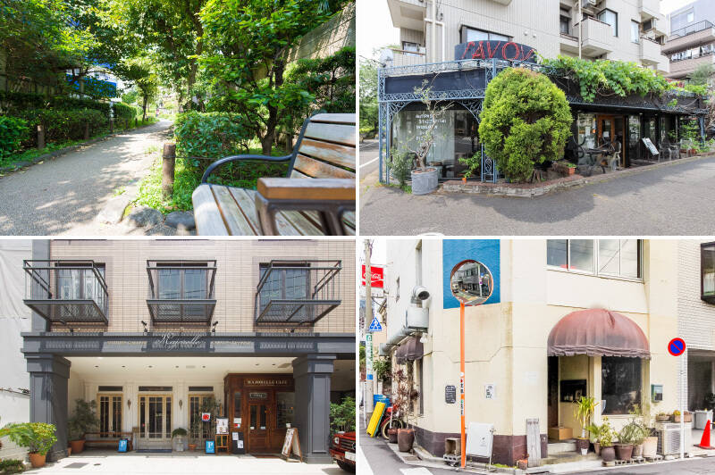 <b>左上・</b>マンションの目の前にある「蛇崩川緑道」は全長3キロもある遊歩道です。緑道沿いにはたくさんのベンチが設置され、老若男女の憩いの場となっています。／<b>右上・</b>緑道沿いにはピッツァの有名店「SAVOY（サヴォイ）」が（徒歩7分）。／<b>左下・</b>輸入アンティーク家具・小物を扱う「ANTIQUE GALLERY MAJORELLE（アンティークギャラリー マジョレル）」。カフェも併設していますよ♡（徒歩3分）／<b>右下・</b>メディアにもたびたび登場するワインバー「uguisu（ウグイス）」。連日おしゃれで食通な人たちで賑わっています。ここのビオワインは種類豊富！（徒歩7分）