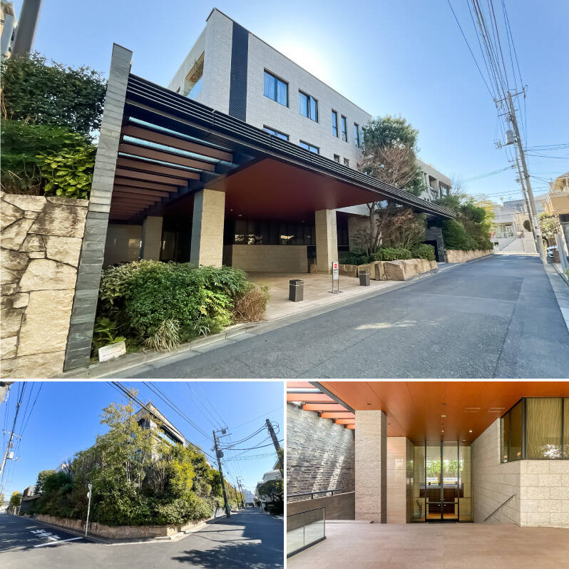 <b>上・</b>2012年に竣工した、野村不動産のブランドマンション、プラウドシリーズ。/<b>左下・</b>邸宅街に馴染む佇まいで、植栽も美しく整えられています。/<b>右下・</b>エントランスは階段を下がった所に位置します。板張りの高い天井や全面ガラス張りのドアなど、目を見張るようなデザイン性の高さです。