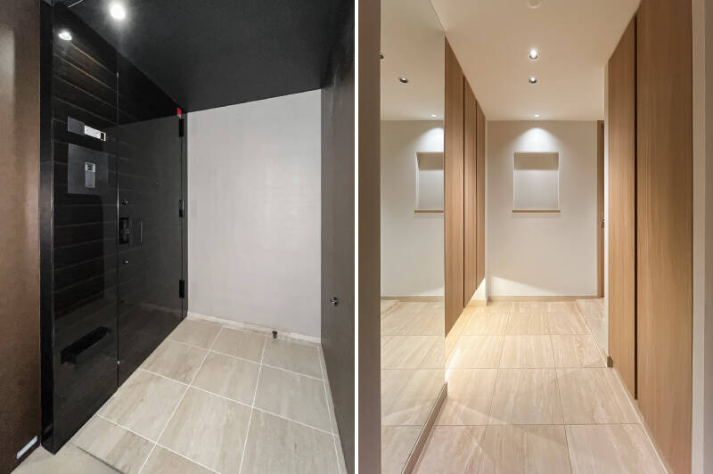 重厚な玄関扉を開けると、正面にインテリアを飾りやすいニッチスペースが。右手にはクローゼット、左手には姿見付きのシューズボックスを設けます。