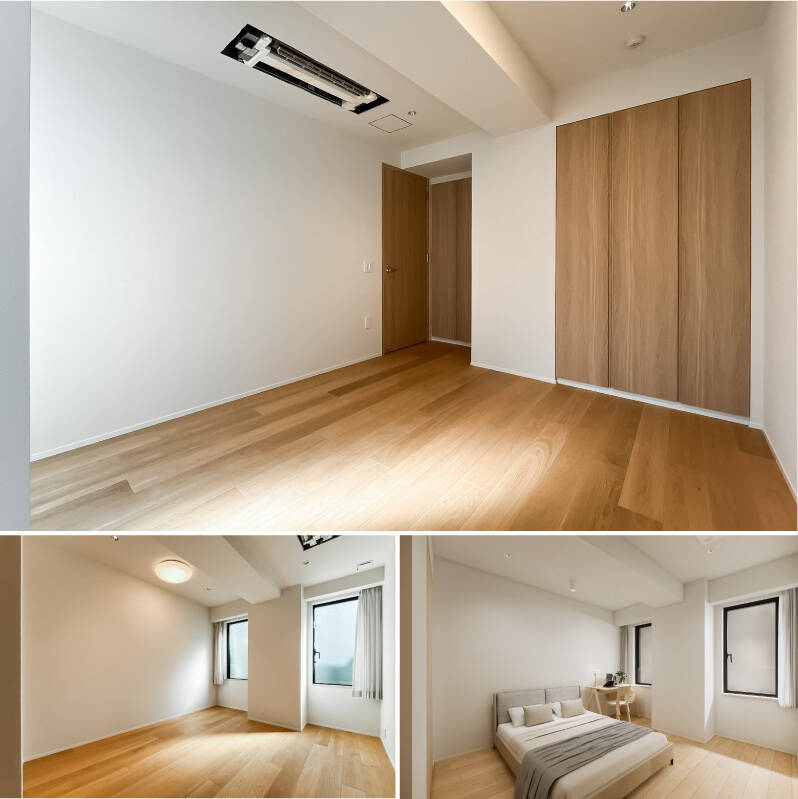 洋室Aは南東向き。収納付きで、メインのベッドルームとして検討しやすい個室です。CGイメージ(右下)ではワイドダブルベッド(1500x1910)を配置。