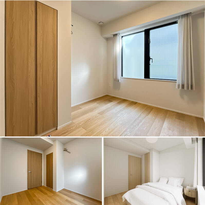 洋室Bも南東向きで、クローゼット付き。コンパクトですが、独立性のある空間です。CGイメージ(右下)ではダブルベッド(1410x1990)を配置。