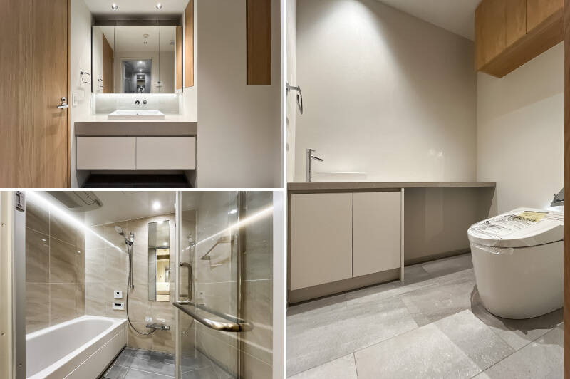 <p><b><b>左上・</b></b>洗面台は下部がオープンな造りで、抜け感のあるデザイン。2箇所ある木製扉の内側は収納スペースに。/<b><b>左下・</b></b>1418サイズのバスルームは、浴室乾燥機・オートバス・ミストサウナ付き。/<b><b>右・</b></b>トイレは廊下からアクセスする間取りです。吊り戸棚と手洗い器付きのカウンターを設置。</p>