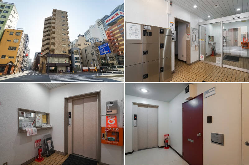 <b><b>左上・</b></b>「浜町」駅より徒歩4分、「水天宮前」駅より徒歩7分、「人形町」駅より徒歩10分という、駅までのアクセスが良好なエリアに位置するのが、今回ご紹介するマンション。／<b><b>右上・</b></b>オートロックで防犯対策◎ 宅配ボックスも完備されています。／<b><b>左下・</b></b>オートロックを抜けると、正面には管理人室とエレベーター。右手には掲示板が設置されています。／<b><b>右下・</b></b>目的地の11階に到着。