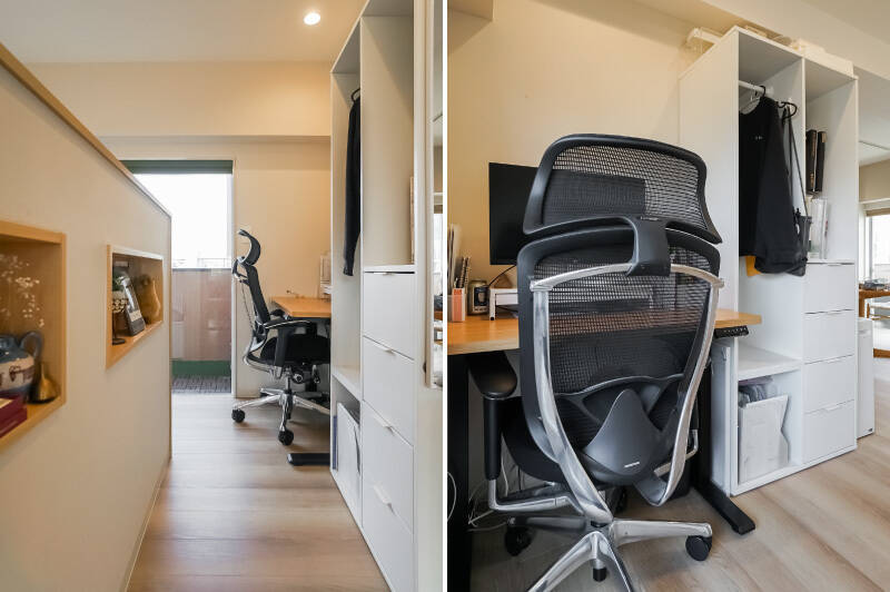 ベッドスペースまでのアクセスの途中には、トール収納とデスクを設置できる空間があります。