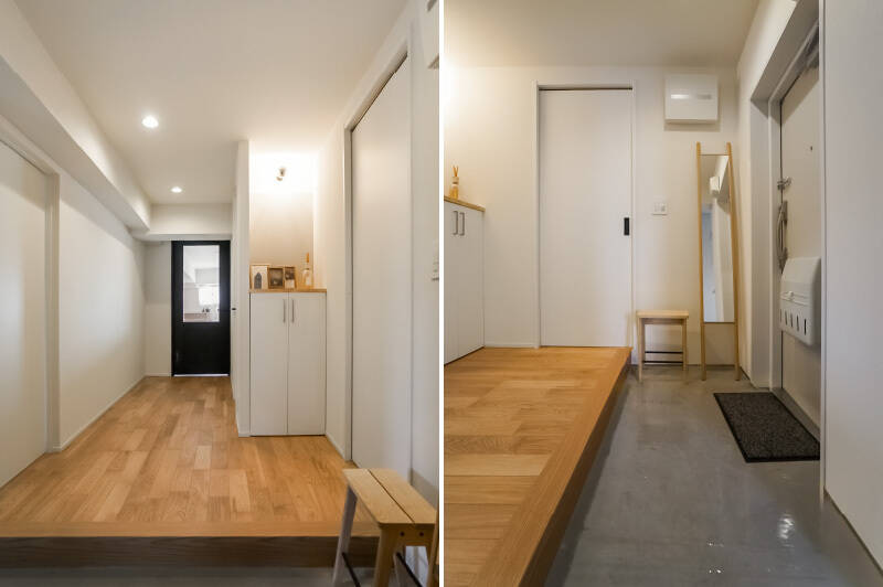 扉を開けると、想像以上にゆとりのある玄関が登場！ 広めの土間とゆったりとした廊下幅で、視覚的にも開放感のあるアプローチに。