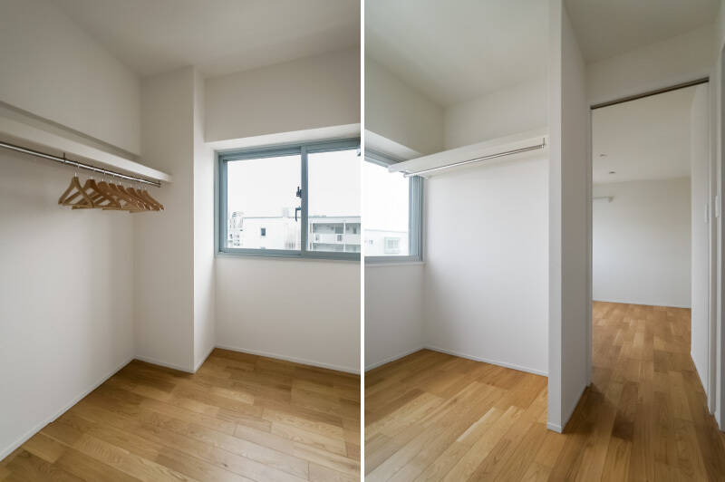 洋室Cからさらに奥へ進むと、約3.6帖のWICが出現。両面にハンガーパイプが配され、窓もあって明るく、贅沢な収納空間。