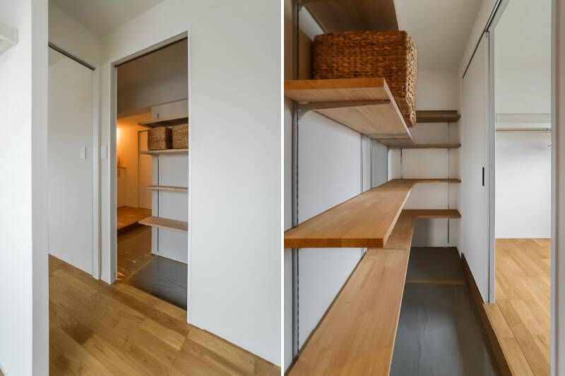 玄関土間から続くシューズインクローゼット（SIC）に到着！ 約2.2帖の細長い空間ですが、一面に可動棚がぐるりと造られていて、収納力はかなりありそう。