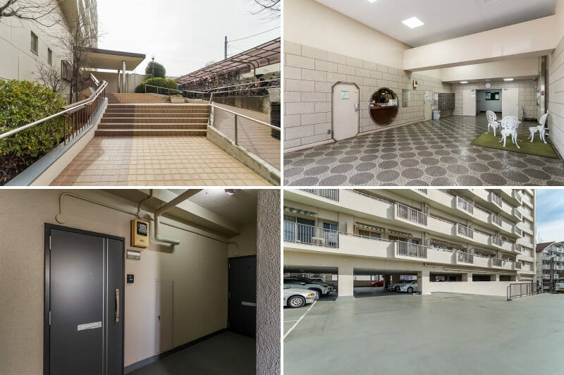 <b>左上・</b>エントランスは環八通りから路地に入ったところに位置しています。スロープも備わっているので、ベビーカーやスーツケースを利用する際も安心です。／<b>右上・</b>サークル模様のタイルが印象的な床と、管理人室の丸い窓が目を引くエントランスホール。管理人さんは週6日勤務で、平日9:00-17:00、土曜日9:00-13:00までと手厚く管理されています。／<b>左下・</b>エレベーターを降りて、まっすぐ突き当たりまで進むと、玄関扉がふたつ並んでいます。今回は左側の住戸です。／<b>右下・</b>エントランスとは反対側から、スロープで2階に上がったところに平置き駐車場があります。2026年2月現在、空きありとのことです。