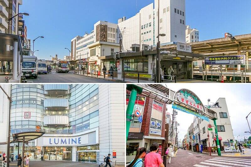 <b>上・</b>お待たせしました！ 今回の舞台は、ファンの方も多い「荻窪」駅。JR中央本線・総武線、東京メトロ丸ノ内線が利用でき、通勤・通学にも便利な立地です。隣接する商業施設「荻窪タウンセブン」には、24時間営業の「西友 荻窪店」をはじめ、生活雑貨店や書店など、幅広い店舗が揃います。（徒歩8分）／<b>左下・</b>大型商業施設「ルミネ荻窪」は駅直結。仕事帰りやお出かけついでに立ち寄れるのがうれしいですね♪ （徒歩8分）／<b>右下・</b>「荻窪」には商店街も多数。マンションから駅までの道中にある「すずらん通り商店街」もそのひとつで、飲食店はもちろん、日用品店やクリニックまで多彩なお店が並びます。（徒歩3分）