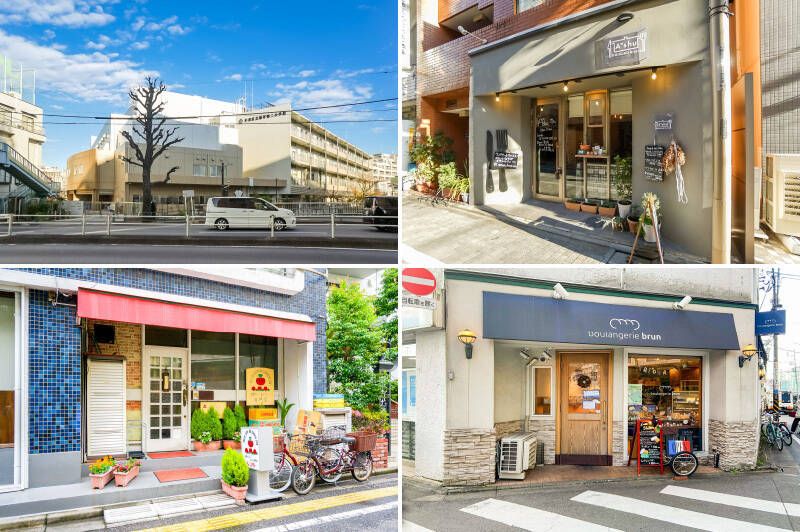 <b>左上・</b>2026年2月現在学区指定の「桃井第二小学校」まで徒歩2分と、お子さまの通学も安心ですね。校舎は2019年に建て替えられたばかりでとってもきれいですよ〜！／<b>右上・</b>「Ogikubo Dining A‘shu（オギクボ ダイニング アシュ）」は評判のビストロ。肉料理がメインですがスイーツも美味しそう！ まずはランチでどうぞ。（徒歩5分）／<b>左下・</b>評判の高い「トマト」は1982年創業のカレー屋さんです。36種類のスパイスや香味野菜、フォンドヴォーなどを約140時間じっくり煮込んで丹念に仕上げられた欧風カレー、絶品です。（徒歩7分）／<b>右下・</b>「boulangerie brun（ブーランジェリーブリュン）」は種類豊富なパン屋さん。日常使いにもオススメです。（徒歩8分）