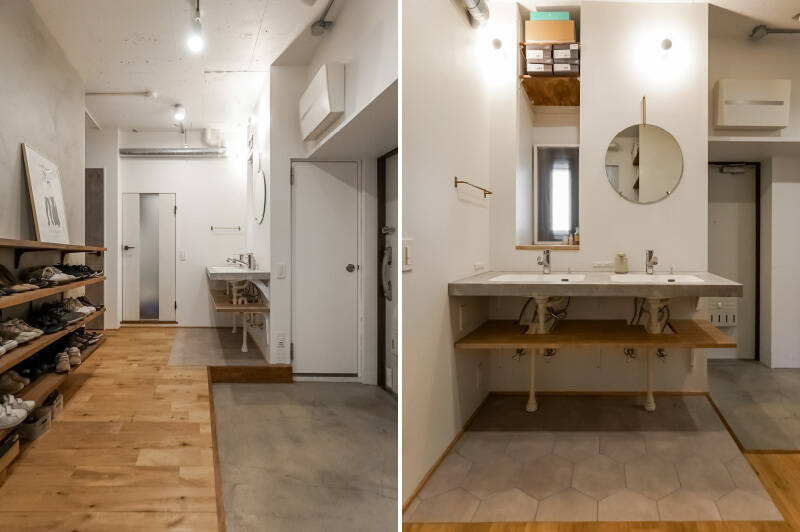 洗面台は玄関横に設置されており、帰宅してすぐに手を洗える衛生的な設計。ダブルボウル仕様で、忙しい時間帯にもふたり並んで身支度ができます。