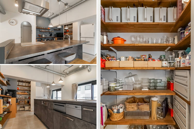 <b>左・</b>キッチンは3口タイプのIHクッキングヒーター付き。天板が広いので、バーカウンターのように使うこともできます。／<b>右・</b>奥には可動棚付きのパントリーを設置済み。生活感を抑えながら、食品のストックや掃除道具などを収納できます。