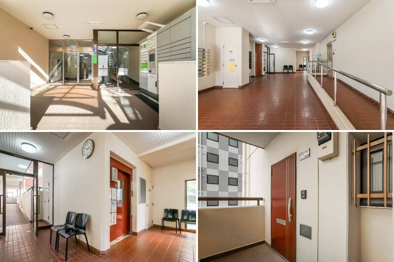 <b>左上・</b>エントランスにはオープン型宅配便ロッカーがあり、利用者であれば荷物の受け取りや発送ができます。／<b>右上・</b>広々とした共用ロビー。／<b>左下・</b>エレベーターホール。／<b>右下・</b>ご紹介した住戸は3階に所在する角部屋です。