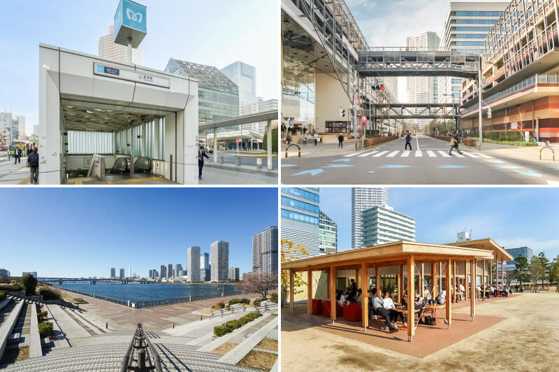<b>左上・</b>最寄りの「豊洲」駅からマンションまでは、わずか徒歩2分。東京メトロ有楽町線と新交通ゆりかもめ線が利用可能。大手町や新橋までの電車の乗車時間は20分弱です。／<b>右上・</b>駅前には大型商業施設「アーバンドックららぽーと豊洲」が。映画館やフードコート、書店などが揃っており、丸一日でも滞在できるファミリー御用達スポットです。また、図書館等の複合機能を備えた市庁舎「豊洲シビックセンター」も徒歩5分の距離。／<b>下・</b>「豊洲公園」は、遊具や芝生広場もある湾岸に面した区立公園。暖かい時期には、サンシェードを張ってゆっくり過ごす人や運動をする人の姿も。敷地内の「ブルーボトルコーヒー 豊洲パークカフェ」でコーヒーをゲットして、優雅なお散歩タイムを過ごしてみては。（徒歩4分）