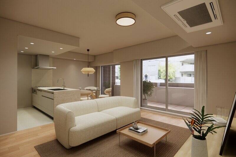 北西向きのバルコニーから自然光が注ぐ、約17.6帖のLDK。内装は挽き板フローリングをはじめとした自然素材を採用し、トーンを抑えた設えで、美しさと上質な空間に。