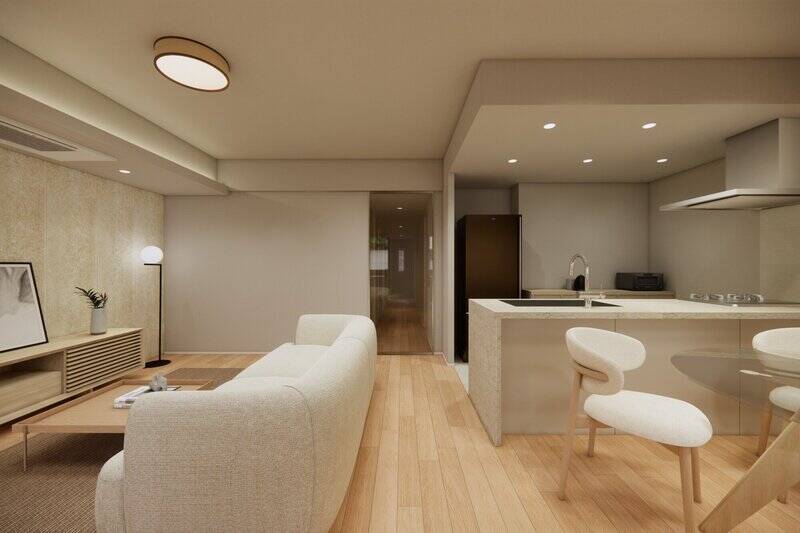 窓を背にしたカット。エアコンは天井カセット式(既存利用)で、スッキリした印象の空間です。