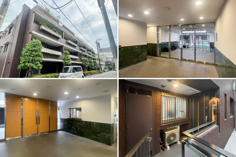 <b>左上・</b>2002年に竣工した、地上6階建てのマンション。/<b>右上・</b>植栽の緑が美しく整えられたアプローチの先には、オートロック付きのエントランスが。/<b>左下・</b>管理人さんは日勤で、日曜を除く日中に勤務されています。/<b>右下・</b>ご紹介した住戸は3階に所在する角部屋。ポーチ付きで、玄関前にゆとりがある造りです。