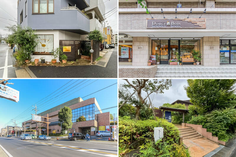 <b>左上・</b>「IL VINAIO(イルヴィナイオ)」では、ボリューミーな家庭的なイタリアンをいただけます。(徒歩12分)/<b>右上・</b>「PATISSERIE Douce Bois(パティスリードゥ―スボア)」はシュークリームが名物の洋菓子屋さん。(徒歩13分)/<b>左下・</b>「川崎市宮前区役所」と「川崎市立宮前図書館」などの公共施設がまとまった建物。こちらの図書館は広々としており、児童図書が充実しています。(徒歩10分)/<b>右下・</b>温泉施設「宮前平温泉 湯けむりの庄」。度々メディアに取り上げられるほどの人気スポットで、露天風呂や岩盤浴で一日中のんびりと過ごせます。(徒歩15分)