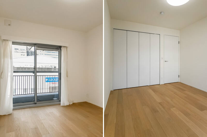 LDKと共有するバルコニー付き。折れ戸2枚分のクローゼットが備わっています。柱が洋室内に出ていないアウトフレームなので、家具の配置もしやすいです。