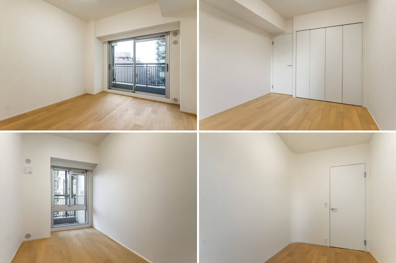 <b>上・</b>約5.8帖の洋室B。クローゼットとバルコニーが付いています。／<b>下・</b>約4帖の洋室C。玄関側の壁が一部アールになっています。書斎などに良いサイズ感ですね。