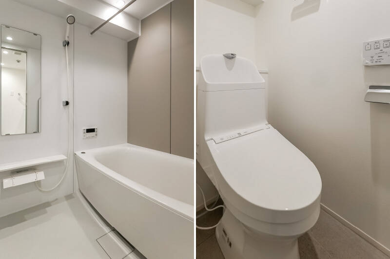 <b>左・</b>ベージュのパネルがアクセントのシンプルなユニットバス。浴室乾燥機が備わっています。／<b>右・</b>洗面所からアクセスするトイレ。