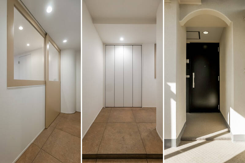 <b>左・</b>3つめのアールの壁とLDK入口の建具。／<b>中央・</b>玄関正面には、トールタイプの下足入れが備わっています。／<b>右・</b>改修工事済みの玄関扉。