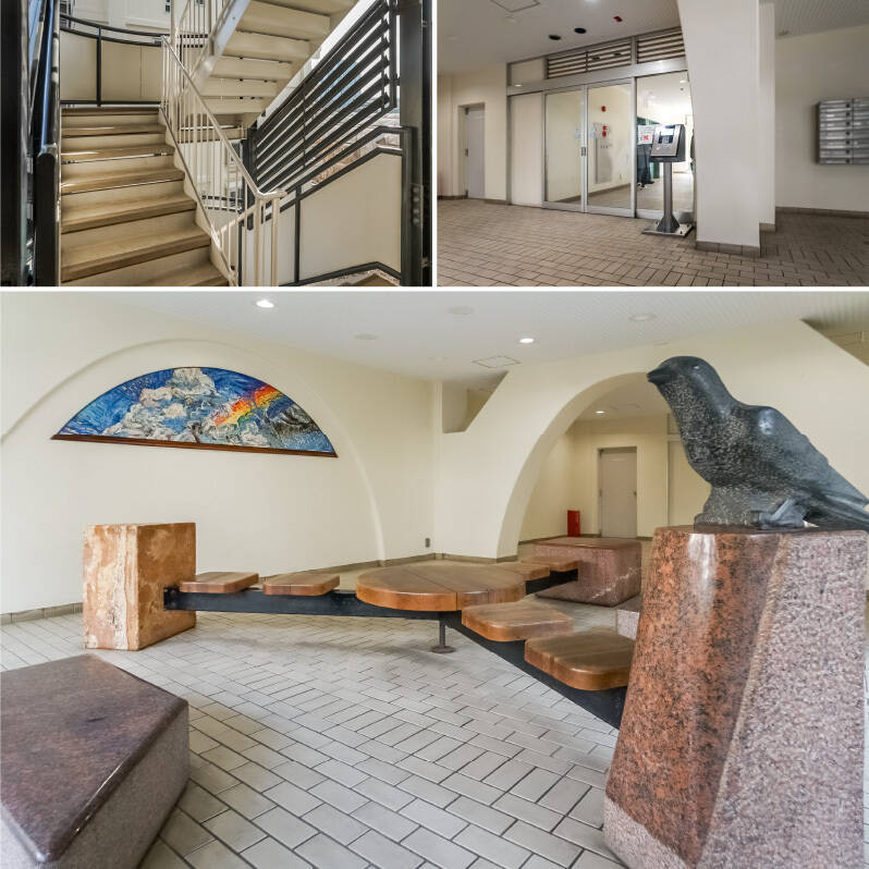 <b>左上・</b>エレベーターを下りて、1階分階段を上ります。／<b>右上・</b>エントランスはオートロック付き。／<b>下・</b>エントランスホールには、かわいい鳥の彫刻とベンチが。素敵な空間で時を忘れそうになりました。