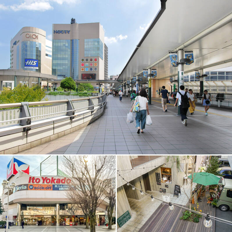 <b>上・</b>最寄り駅は、東急田園都市線「溝の口」駅とJR南武線「武蔵溝ノ口」駅。（それぞれ徒歩6分）「キラリデッキ」の愛称で親しまれているペデストリアンデッキを歩き、商業施設「ノクティ プラザ1」と「マルイファミリー溝口」の前を通るのが帰宅ルート。／<b>左下・</b>マンションの敷地内には、「イトーヨーカドー 溝ノ口店」が。100円均一やファストフード店も入っていて、心強い。／<b>右下・</b>複合商業施設「eM / PARK：（エム・パーク）」には、「ESKY COFFEE By Izzy’s Café（エスキーコーヒー バイ イジーズカフェ）」をはじめとした感度の高い飲食店やイベントスペースが集まっています。（徒歩3分）