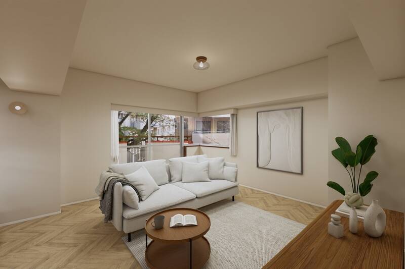 窓はコーナーサッシで、空間に奥行きとリズムが生まれています。