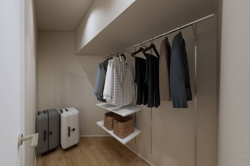 収納として大型のウォークインクローゼット（WIC）を設け、衣類だけでなく季節家電もすっきりと収まるように設計します。