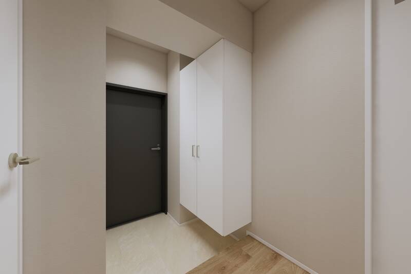 玄関まわりにはトールタイプのシューズボックスを完備。さらに、姿見などを置けそうな余白があります。