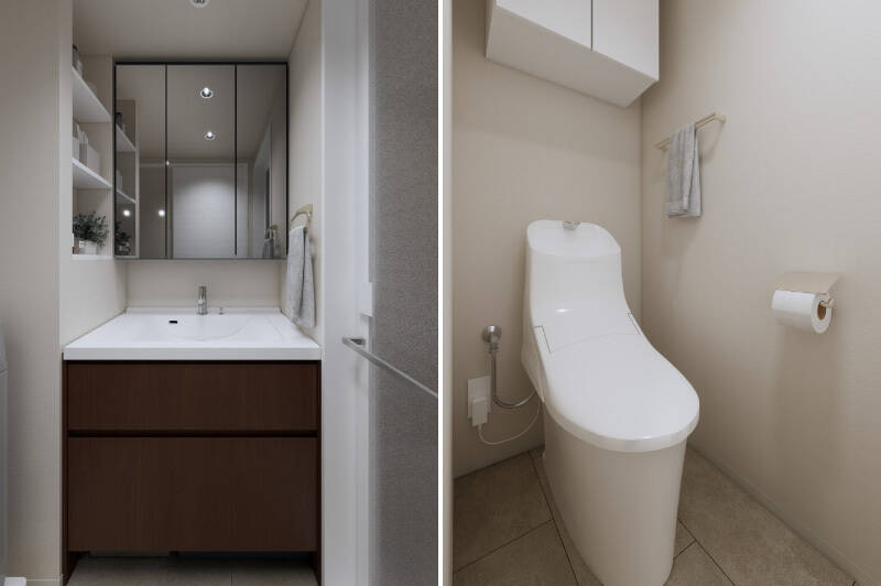 <b>左・</b>シンプルな洗面台。／<b>右・</b>トイレは廊下からアクセスする間取りです。