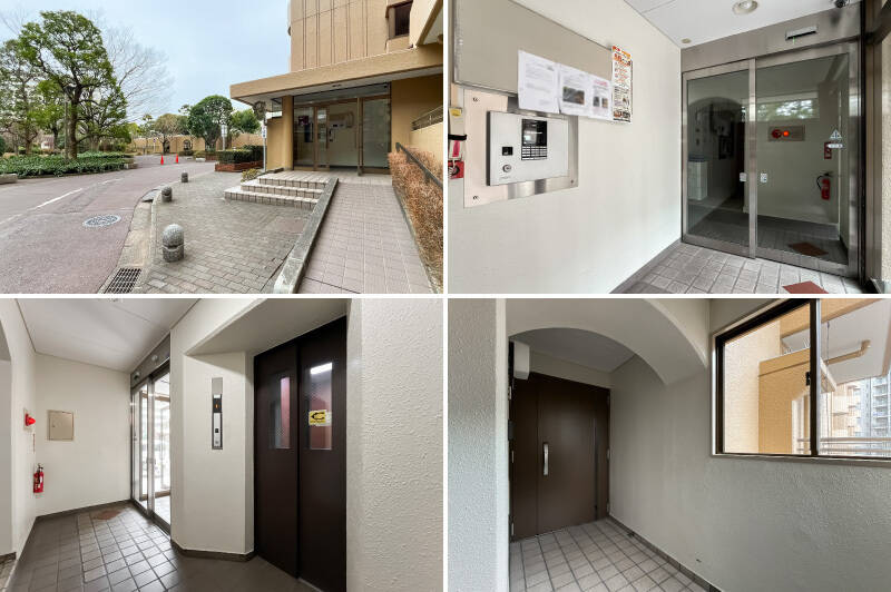 <b>左上・</b>同じ棟内でも部屋番号ごとにエントランスが異なります。／<b>右上・</b>オートロックを完備。／<b>左下・</b>エレベーターに乗り、住戸のある4階まで。／<b>右下・</b>降りるとこちらのフロアには2住戸のみという独立性の高い構造です。窓やアーチ、アルコーブがあるのもうれしいですね。