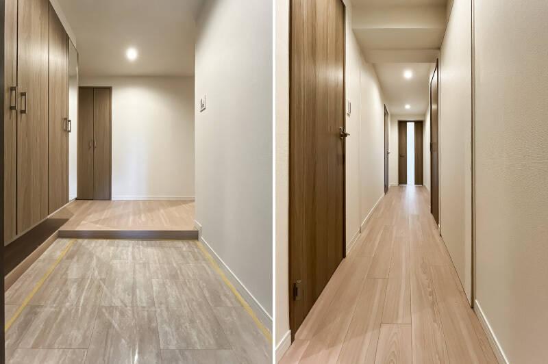 ファミリー向きの4LDKということもあり、下足入れはたっぷり扉4枚分。長い廊下を抜けて、まずはスリットガラスが入ったLDKのドアを開けましょう。