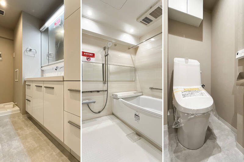 廊下沿いにまとまった水まわり。いずれもシンプルではありますが、空間にゆとりがあるのが特徴です。浴室は1620サイズで、浴室乾燥も備わっていますよ。