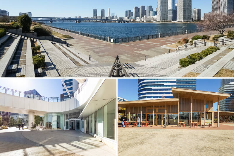 <b>上・</b>運河沿いの広いエリアに遊歩道が張り巡らされた「豊洲公園」。近未来的なアーバンランチで浅草方面へクルーズもできますよ。（徒歩19分）／<b>左下・</b>ショッピング、グルメ、映画館など、そのすべてを網羅する心強い商業施設「アーバンドッグららぽーと豊洲」もご近所に。（徒歩19分）／<b>右下・</b>2024年にオープンした「ブルーボトルコーヒー 豊洲パークカフェ」。半屋外のテラス席はペットの同伴が可能です。（徒歩19分）