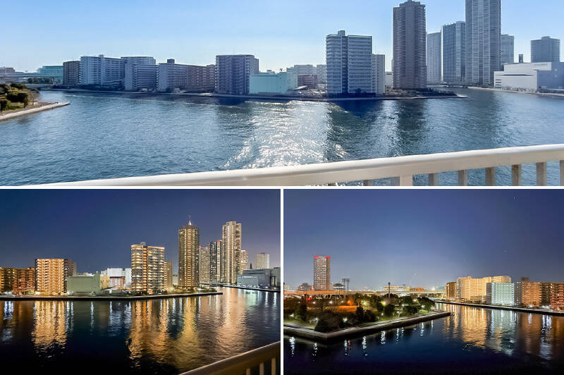 <b>上・</b>正面に見えているのが “辰巳エリア”、右手に見えているのが “東雲エリア” です。／<b>左下・</b>せっかくなので夜景の写真も売主さまに頂戴しました♡ なんとも都会的な眺めですね！／<b>右下・</b>視線を左手に移すと「潮見運動公園」が見えます。歩いて14分ほどの距離ですよ。