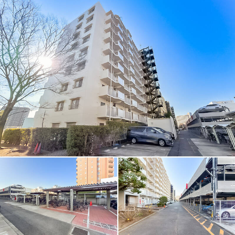 建物裏手にまわると広大な自転車置き場に駐車場。自転車置き場は17インチ以上年額1,000円、16インチ以下は無料。駐車場は月額10,400円〜26,000円で利用可能です。最新の空き状況や車両サイズはお問い合わせください。