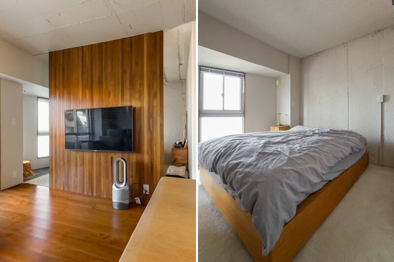 <b>左・</b>テレビを壁付けしている木の間仕切りの向こう側は.......。／<b>右・</b>約6帖の洋室。窓際には室内物干しワイヤーが備わっています。