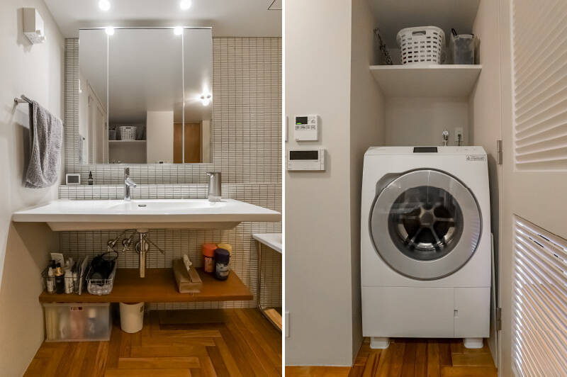 <p><b>左・</b>すっきりとした洗面台。台下には収納として使えるカウンターを用意。／<b>右・</b>洗面台の後ろには洗濯機置き場があります。</p>