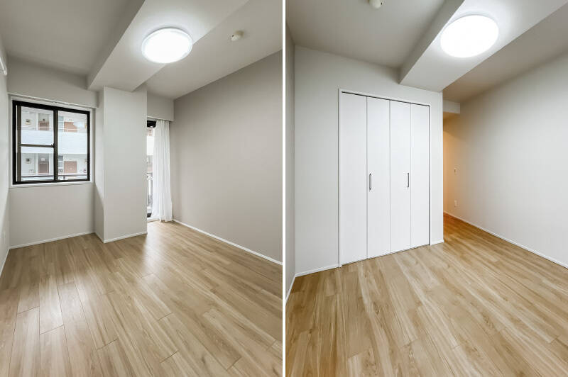 洋室Aからもバルコニーへアクセス可能。2枚分の折れ戸収納付きです。