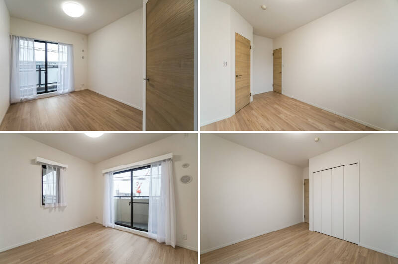 <b>上・</b>洋室Aは4部屋の中で最も大きく、約6.7帖の余裕ある広さです。バルコニーに面した南東向きの窓があり、反対側には頼もしいサイズのウォークインクローゼット（WIC）が備わっています。／<b>下・</b>洋室Bは約6帖。こちらは南東と北東の二面採光です。