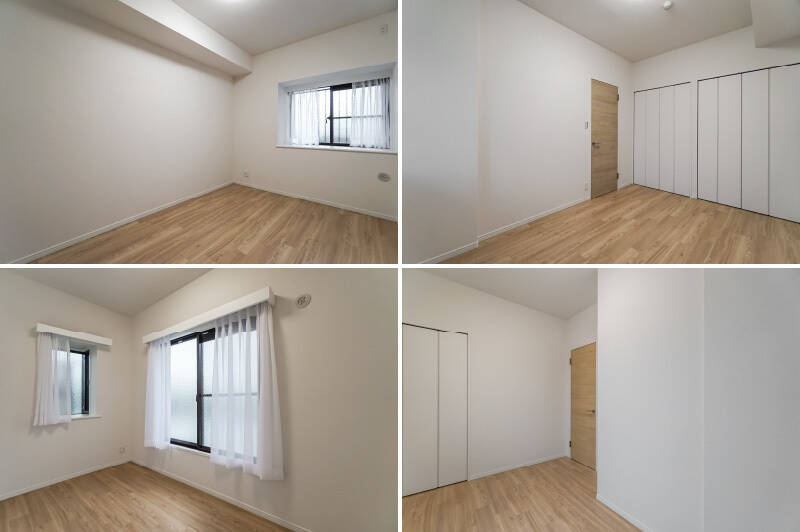 <b>上・</b>北西向きの出窓がある、約6帖の洋室C。窓の外はこちらの住戸の専用ポーチなので、プライバシー性高めですよ◎ 反対側の壁一面がクローゼットになっているのも頼もしい！／<b>下・</b>洋室Dは約4.5帖とやや小ぶり。北東向きの窓からは、先ほどのルーフバルコニーに出られます。