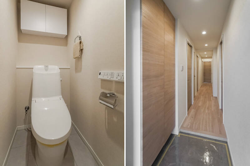 <b>左・</b>トイレは住戸の真ん中近くに位置しています。無駄のないミニマルな設えです。／<b>右・</b>玄関から、LDKへと延びる廊下を見たカット。靴収納が大きいぶん、玄関土間はややコンパクトな印象を受けるかもしれません。でも……？