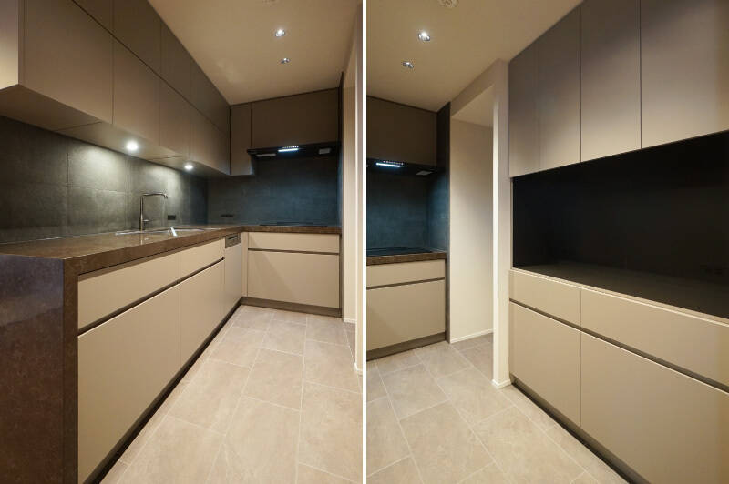 キッチンは3口コンロで食洗機を完備。壁の大判タイルやフィオレストーンの天板など、高級感のあるデザインです。