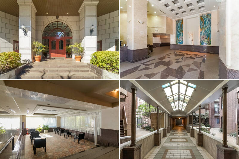 <b>左上・</b>グレード感漂うメインエントランス。オートロックの扉はクラシカルな雰囲気です。/<b>右上・</b>エントランスホール入ってすぐ左手には管理事務所があり、<b>365日24時間体制</b>で管理人さんが常駐。こちらには宅配ボックスも備わっています。中央にはヴィーナス像……!? /<b>左下・</b>1階には、ホテルのロビーのような応接スペースも。/<b>右下・</b>4つの棟をつなぐ渡り廊下。ステンドグラスが華やかです。