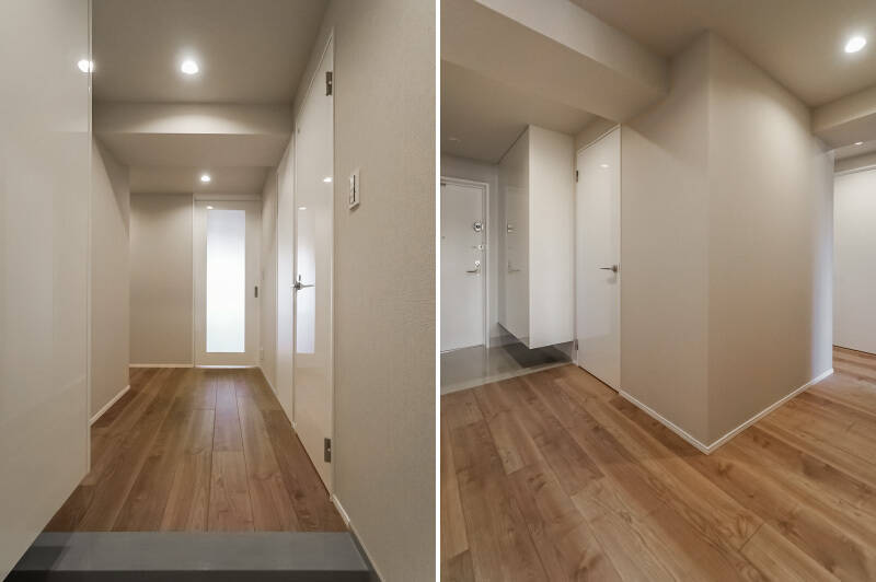 <b>左・</b>玄関にはフロートタイプのシューズボックスを設置。写真では見切れていますが、反対側の壁には扉付きの収納も備わっています。/<b>右・</b>廊下はコの字型。正面に見える扉の先は納戸です。最後にご紹介しますのでお忘れなく。